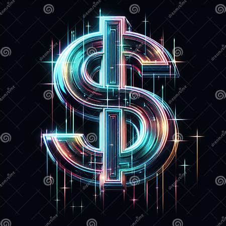 neon glow holographic dollar symbol illuminating  dark  sparkles