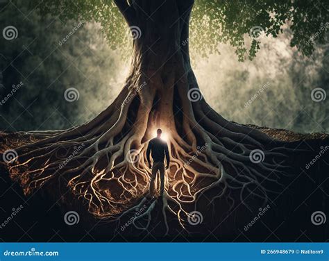 Person Standing In Front Of A Tree With Deep Roots Ai Generated Stock