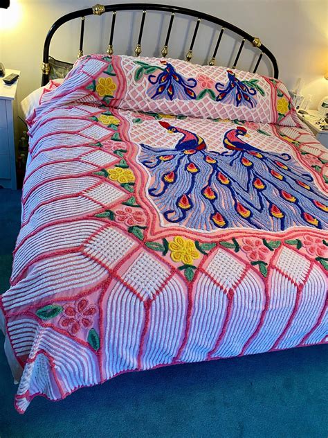 Vintage Chenille Bedspread Double Peacocks Cathedral Sides Pink And Blue Euc Etsy