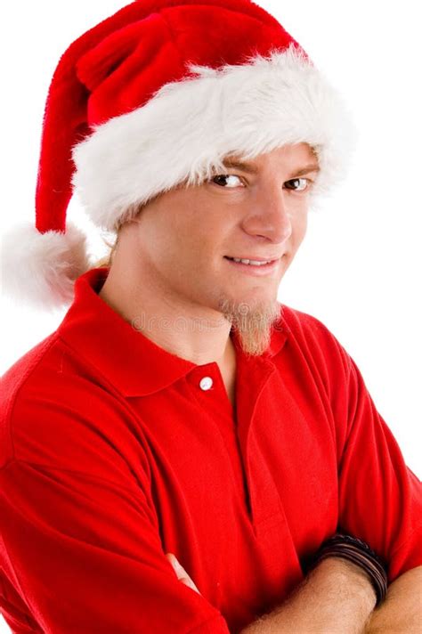 Smiling Man With Christmas Hat Stock Photo Image Of Caucasian