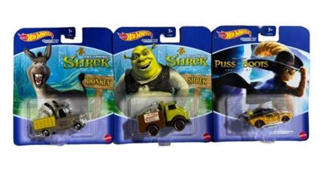 Dreamworks Hot Wheels Lot Of 3 Shrek Puss In Boots Donkey Cars Htf Rare