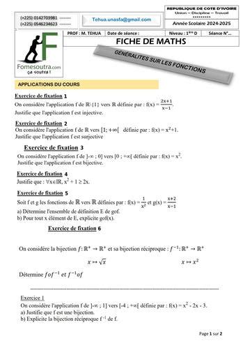 FICHE DE TRAVAUX DIRIGES MATHS 1ière D GÉNÉRALITES SUR LES FONCTIONS