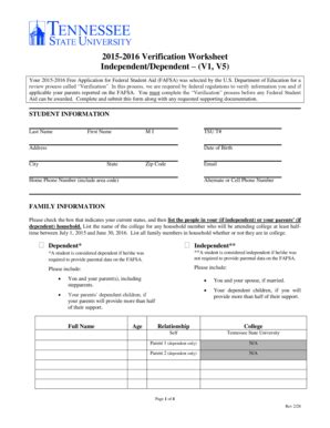 Fillable Online Tnstate 2015 2016 Verification Worksheet Independent