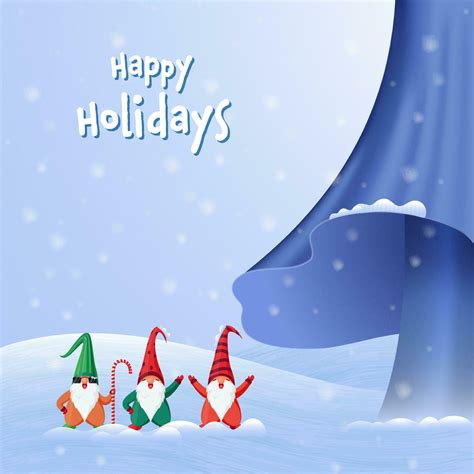 Happy Holidays Poster Design With Happiness Cartoon Gnomes On Blue Snow