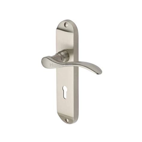 Heritage Brass Door Handle Lever Lock Maya Design Satin Nickel Finish Handles At Heart