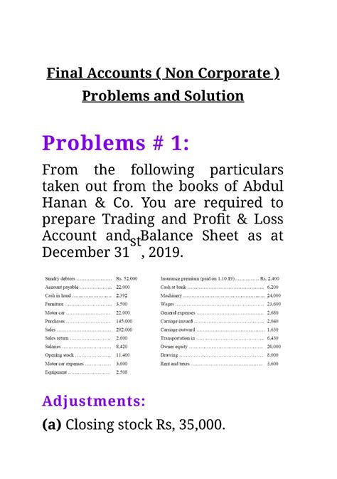 Final Accounts Problems And Solution Final Accounts Non Corporate