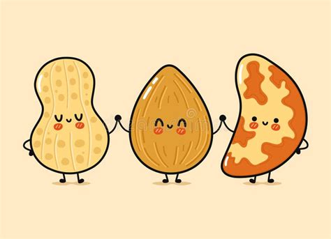 Cute Funny Happy Almonds Peanuts And Brazilian Nut Nut Vector Hand