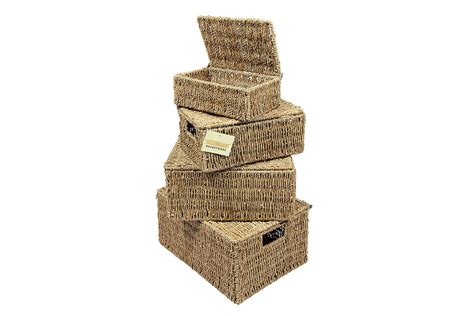 Woodluv Set Of 4 Seagrass Storage Boxes Basket With Lids Uk