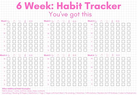 6 Week Weekly Health Habit Tracker Up To 7 Habits Per Day Etsy