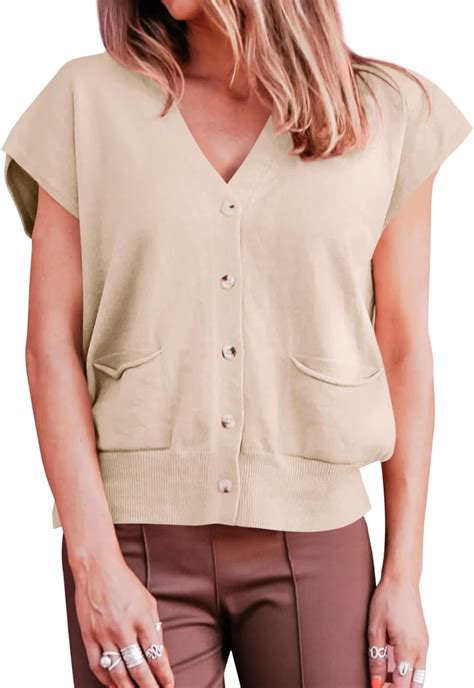 Saodimallsu Womens Cap Sleeve Sweater Vest Summer V Neck Button Down