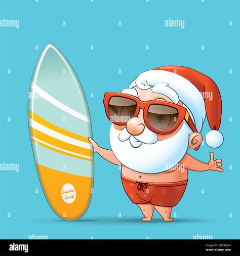 Cartoon Illustration Of A Cheerful Santa Claus Surfer Holding His