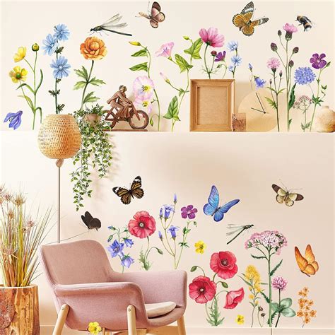 6 Pieces Flowers Wall Decals Vinyl Flowers Wall Stickers