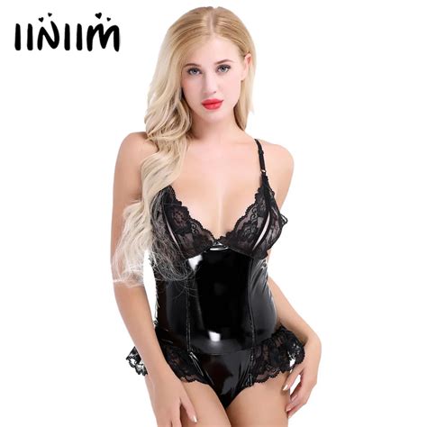 Black Women Bustier Lingerie Patent Leather Lace Patchwork Sleeveless Slim Nightclub Costume