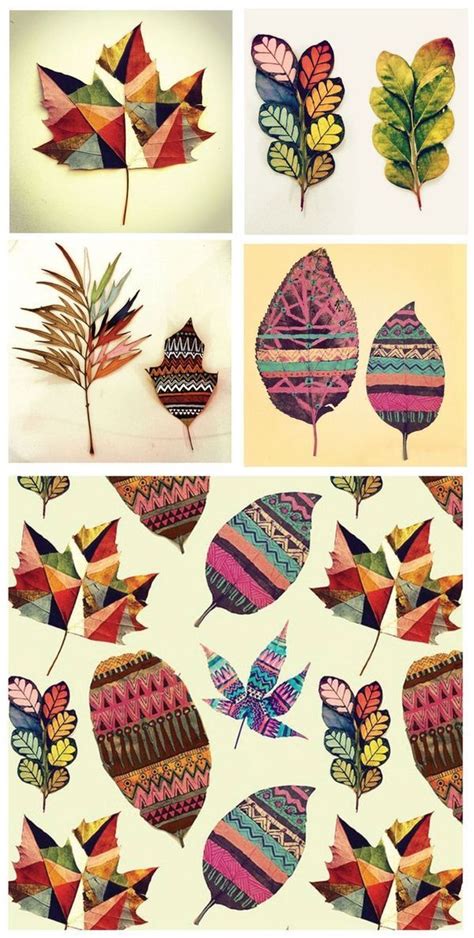 Four Different Images Of Colorful Leaves And Birds On The Same Page