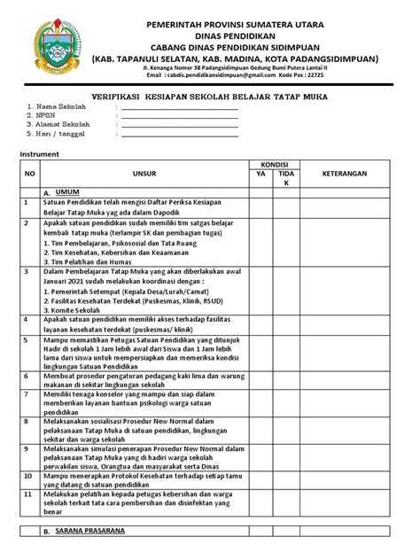 Form Checklist Kesiapan Tatap Muka 2021 Sekolah Pdf