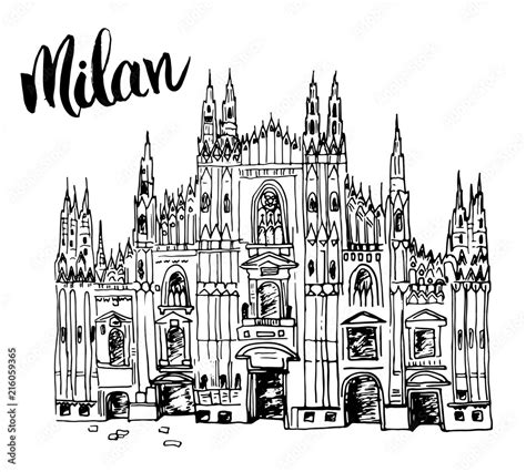 Duomo Cathedral In Milan Italy Hand Drawn Sketch Of Italian Famous