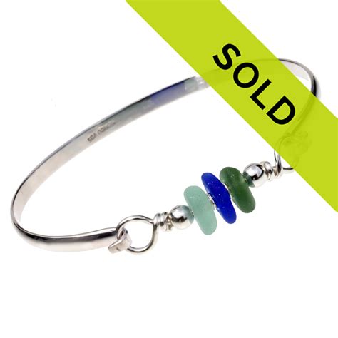 Seafoam And Blue Beach Found Sea Glass Bangle Bracelet In Solid Sterling Silver Sb11203