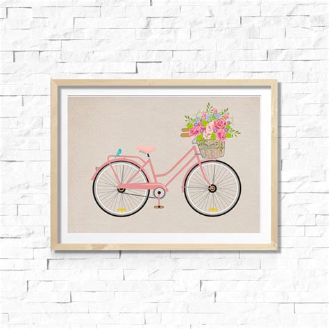 Bicycle Printable Pink Bike Art Flower Basket Nursery Teen Etsy