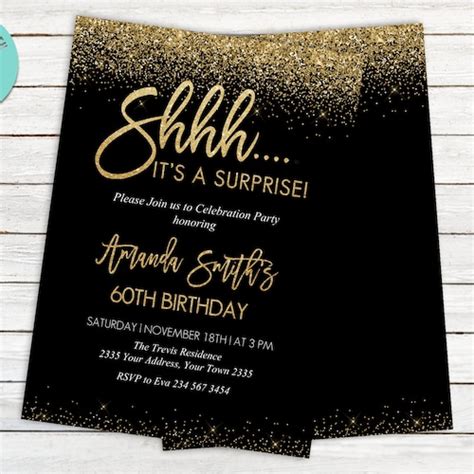 60th Birthday Invitation Template Editable Black And Gold Etsy