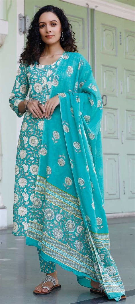 Festive Party Wear Blue Color Cotton Fabric Salwar Kameez 1826742