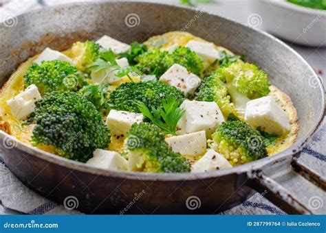 Omelette With Broccoli And Feta Cheese In A Skillet Pan Baked Omelet