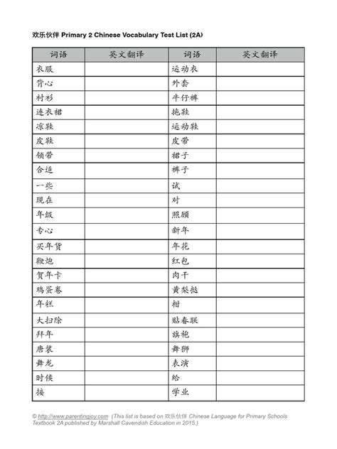 Primary Chinese Vocabulary | PDF