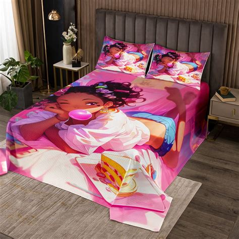 Yst Chic Black Girls Coverlet King Size Happy Birthday Bedding Set For Girls Women Cartoon Pink