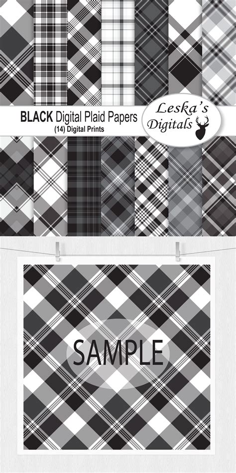 Black Plaid Digital Scrapbook Paper Pack Diagonal Plaid Black And