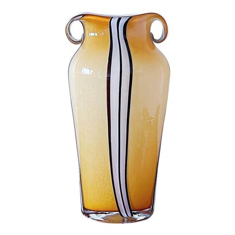 Mid 20th Century Large Art Deco Hand Blown Glass Vase In Yellow With Black And White Stripes And