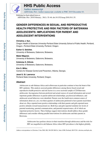 Pdf Gender Differences In Sexual And Reproductive Health Protective