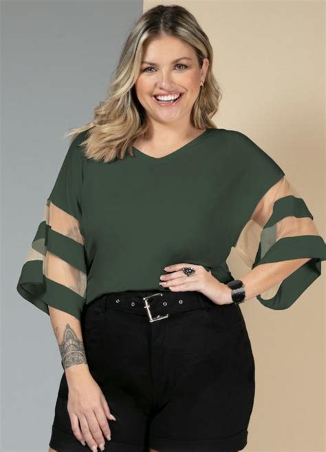 Blusa Verde Oliva Detalhes Em Tule Nas Mangas Quintess