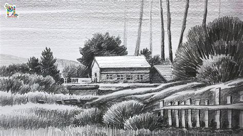 How To Draw Big Bushes At A Form House Scenery Art Pencil Sketch And