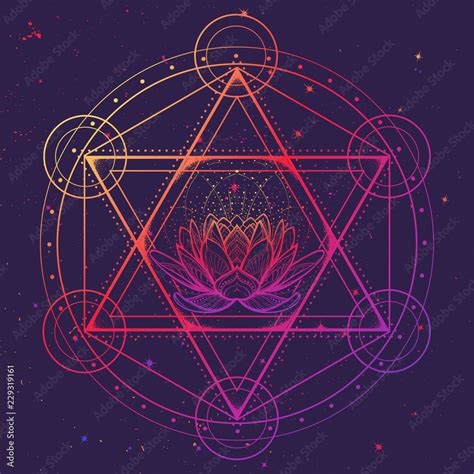 Hexagram with a lotus encompassed with a circle. Multicultural symbol ...