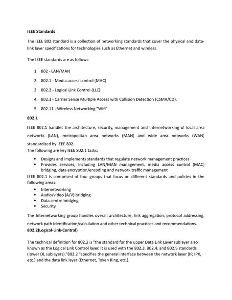 Ieee Standards Ieee Standards The Ieee 802 Standard Is A Collection