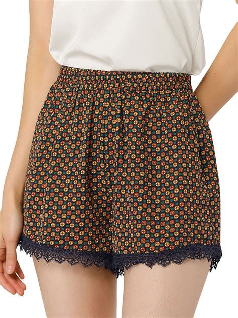 Allegra K Womens Floral Printed Lace Trim Elastic Waist Shorts