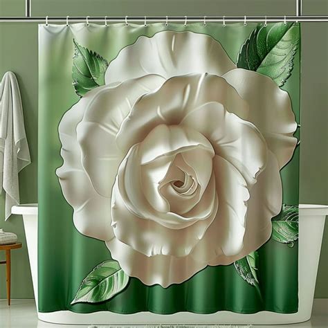 White Rose On Green Background Shower Curtain With Big Flower Design