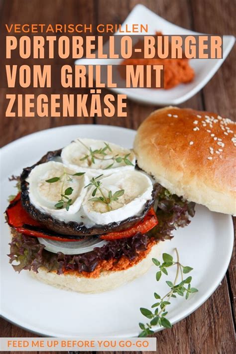 Vegetarischer Burger vom Grill mit Portobellopilzen Ziegenkäse und