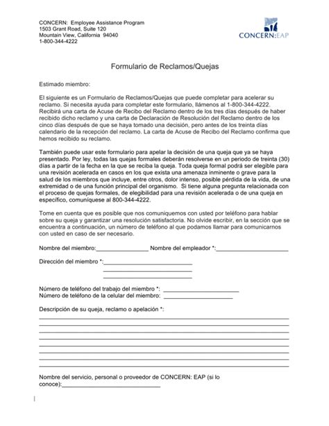 Formulario De Reclamos Quejas