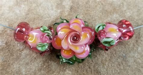 Glass Lampwork Beads Flowers Floral Roses Leafs Rose Buds Yellow