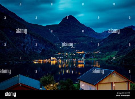 Panoramic View At Geiranger Fjord And Geiranger Village In The Night