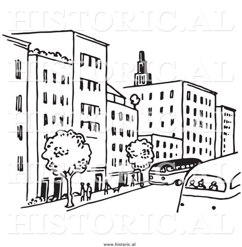 Clipart of a City Street with Buildings, Trees, People, and Buses ...