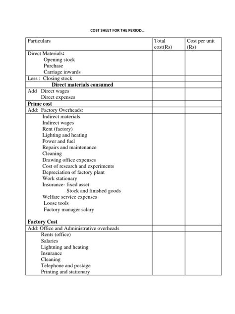 Cost Sheet Format Expense Cost