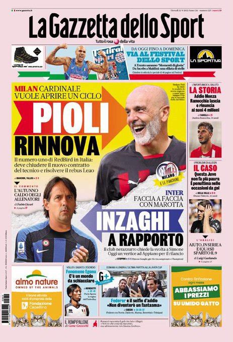 22 Settembre 2022 Le Prime Pagine Dei Giornali Sportivi Pioli Rinnova