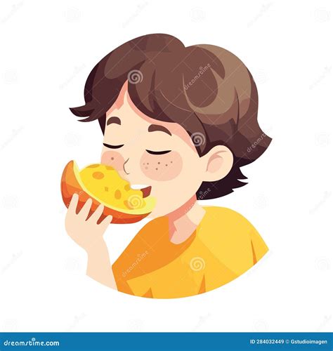 Cute Cartoon Boy Eating Snack Happily Stock Vector - Illustration of ...