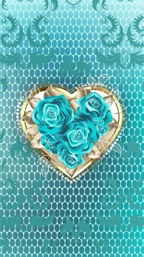 A Heart Shaped Box Filled With Blue Roses On Top Of A Green Wallpapered