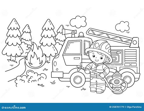 Coloring Page Outline of Cartoon Fire Truck with Fireman or Firefighter. Fire Fighting ...