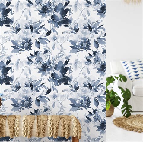 Indigo Blue Watercolor Floral Wallpaper / Peel and Stick | Etsy