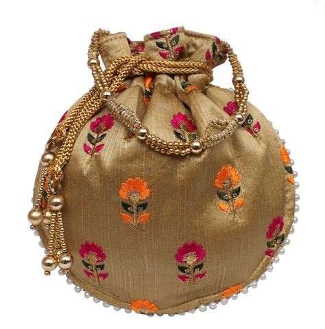 Designer Potli Bag Floral Embroidery Silk Purse Pearl Handle Womens