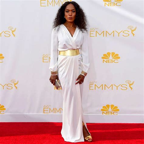 2015 The 67th Emmy Awards Angela Bassett White Full Sleeves Empire With Gold Evening Gowns Red