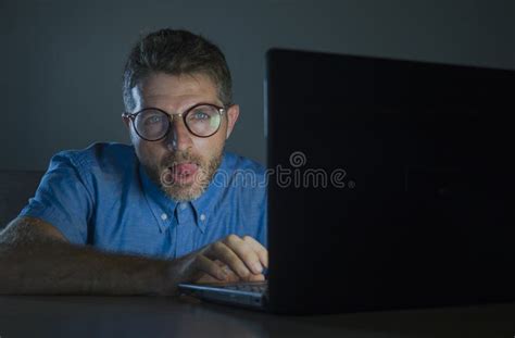 Addict Man At Computer Laptop Watching Internet Addiction Concept Stock